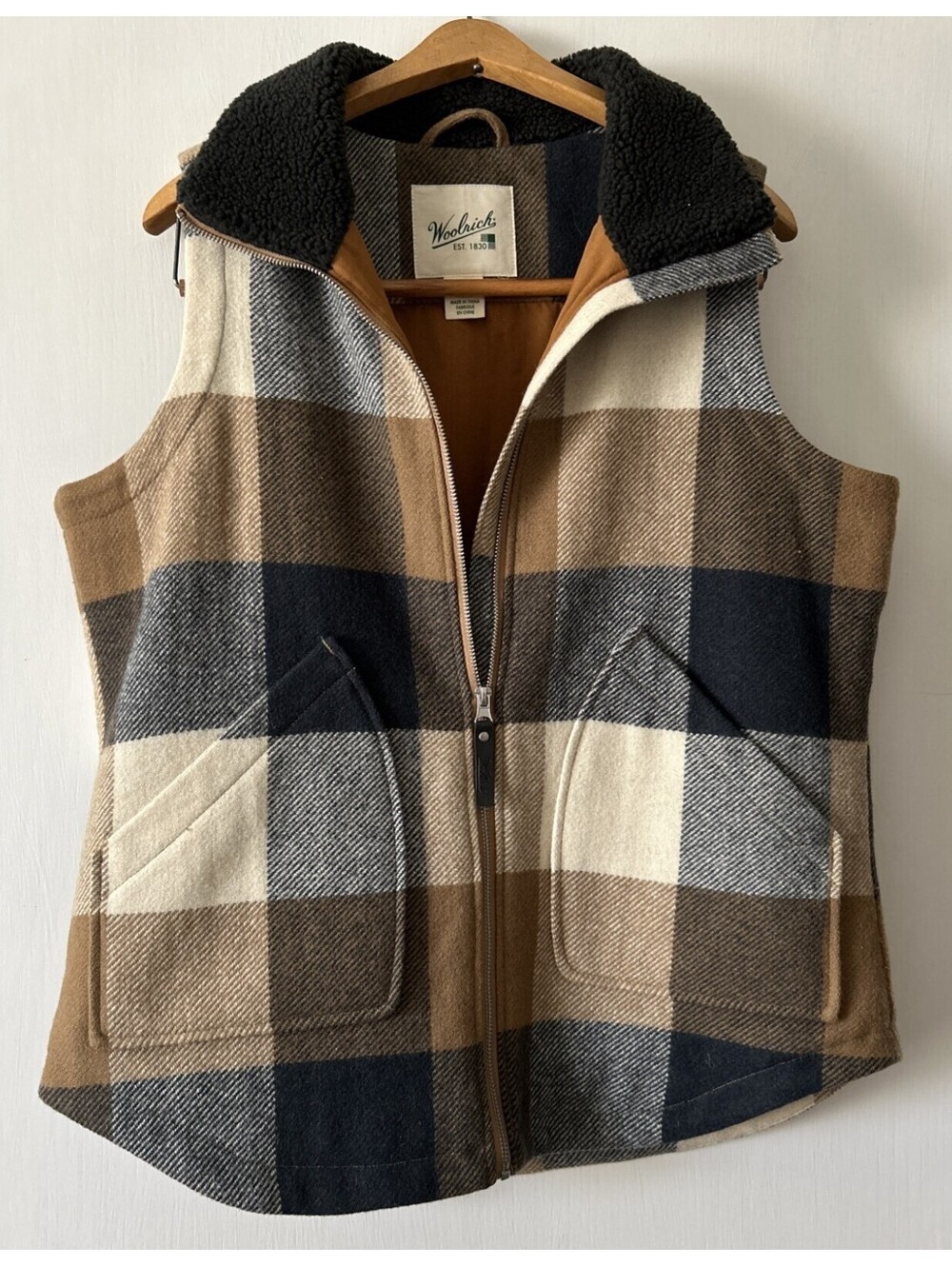 Woolrich Vest Women's Large Brown Black Buffalo Plaid Check Fleece Collar Wool